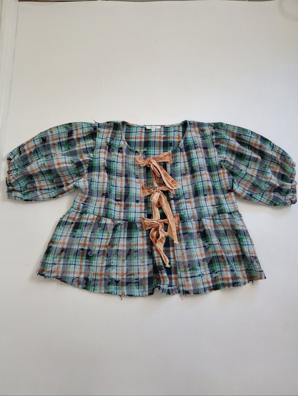 Oli & Hali "Bow It Goes" Plaid Puff Sleeve Tie Front Peplum Top XL